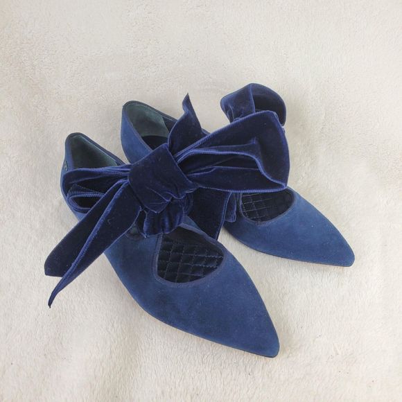 Tory Burch Navy Blue Suede Leather Velvet Bow Clara Ballet Flat Size 6M - Picture 1 of 12